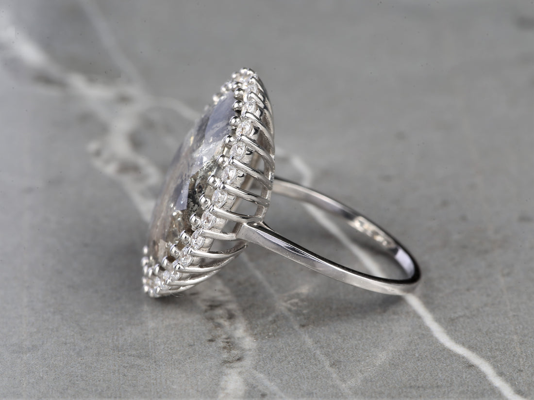 8.80 Ct Salt and Pepper Oval Diamond Ring 14K Gold Anniversary Ring, Natural Gray Diamond Halo Ring, Gift for Her