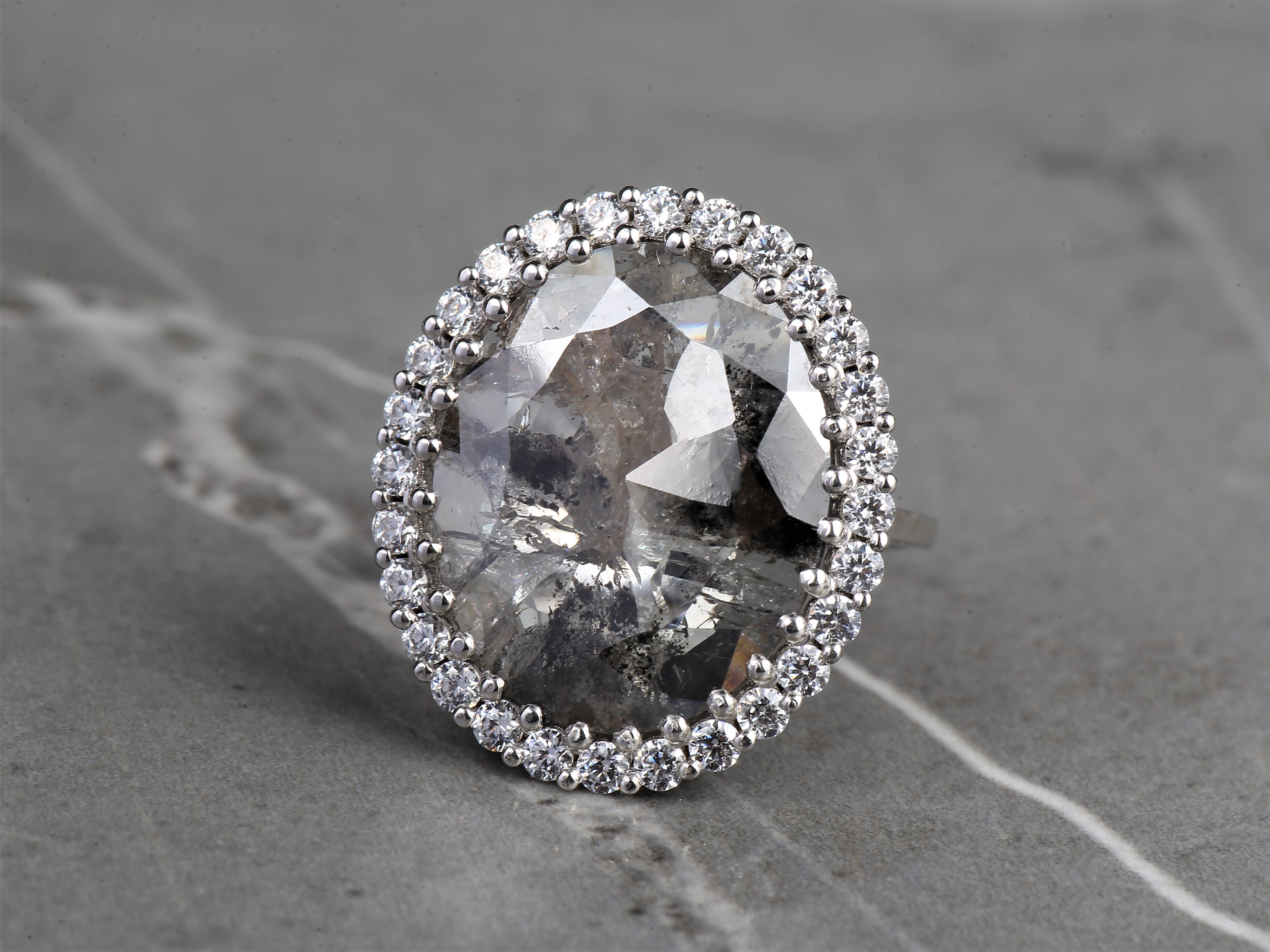 8.80 Ct Salt and Pepper Oval Diamond Ring 14K Gold Anniversary Ring, Natural Gray Diamond Halo Ring, Gift for Her