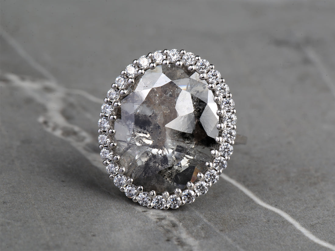 8.80 Ct Salt and Pepper Oval Diamond Ring 14K Gold Anniversary Ring, Natural Gray Diamond Halo Ring, Gift for Her