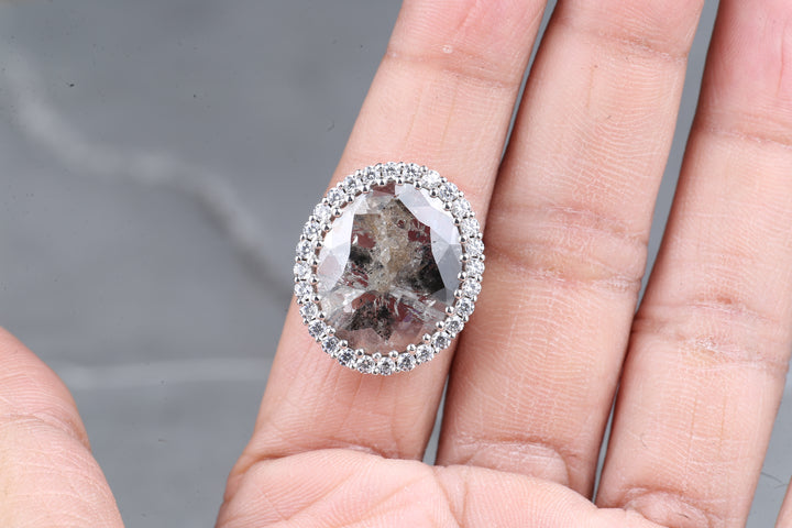 8.80 Ct Salt and Pepper Oval Diamond Ring 14K Gold Anniversary Ring, Natural Gray Diamond Halo Ring, Gift for Her