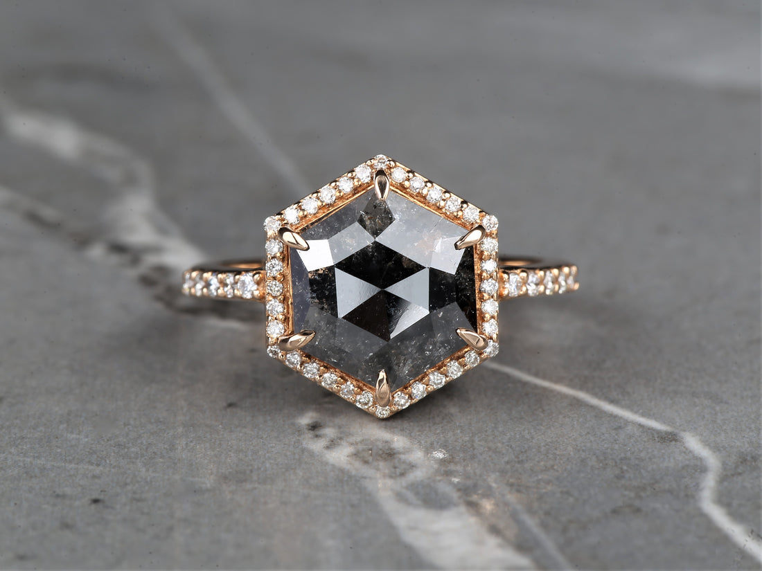 3.04 Ct Salt and Pepper Hexagon Diamond Ring 14K Gold Anniversary Halo Ring, Natural Gray Diamond Ring, Gift for Her