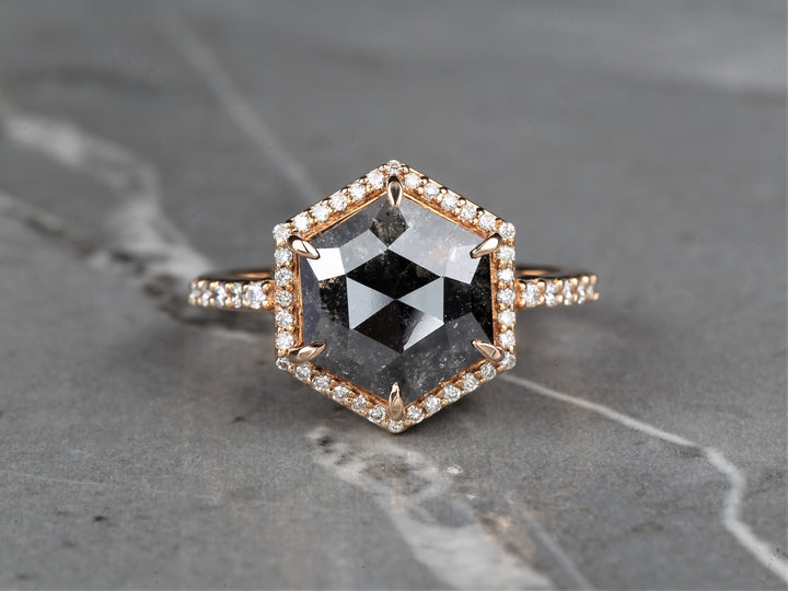 3.04 Ct Salt and Pepper Hexagon Diamond Ring 14K Gold Anniversary Halo Ring, Natural Gray Diamond Ring, Gift for Her