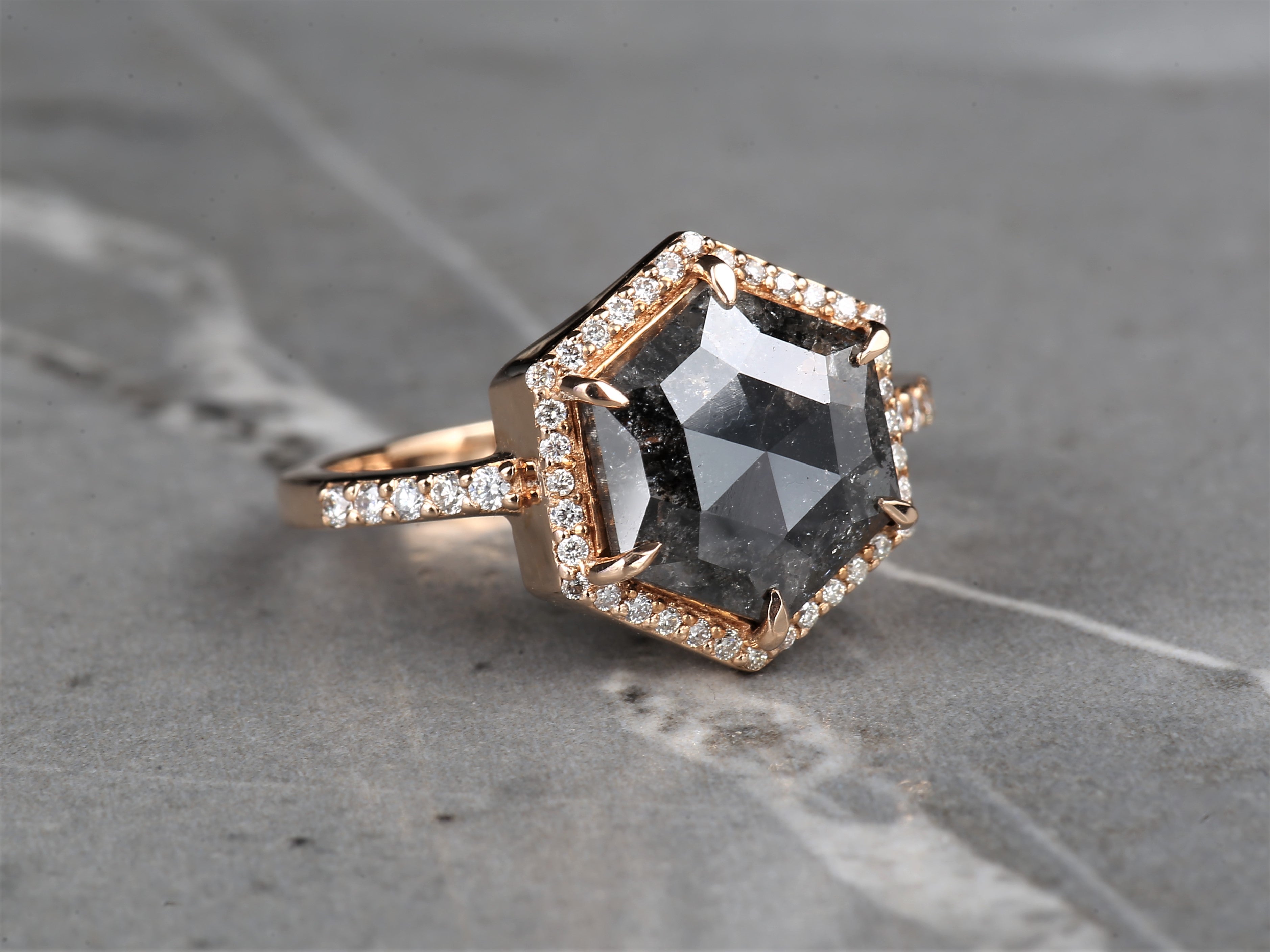 3.04 Ct Salt and Pepper Hexagon Diamond Ring 14K Gold Anniversary Halo Ring, Natural Gray Diamond Ring, Gift for Her