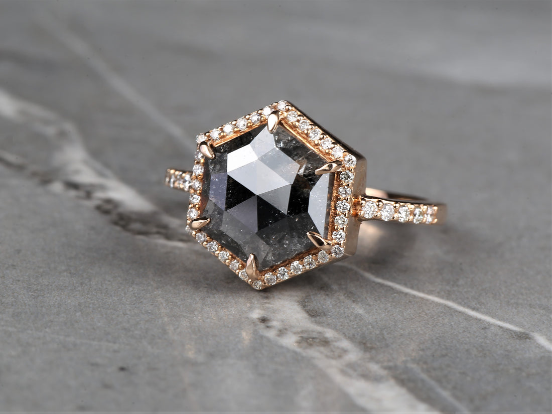 3.04 Ct Salt and Pepper Hexagon Diamond Ring 14K Gold Anniversary Halo Ring, Natural Gray Diamond Ring, Gift for Her