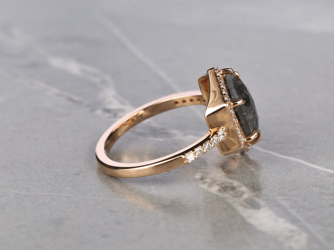 3.04 Ct Salt and Pepper Hexagon Diamond Ring 14K Gold Anniversary Halo Ring, Natural Gray Diamond Ring, Gift for Her