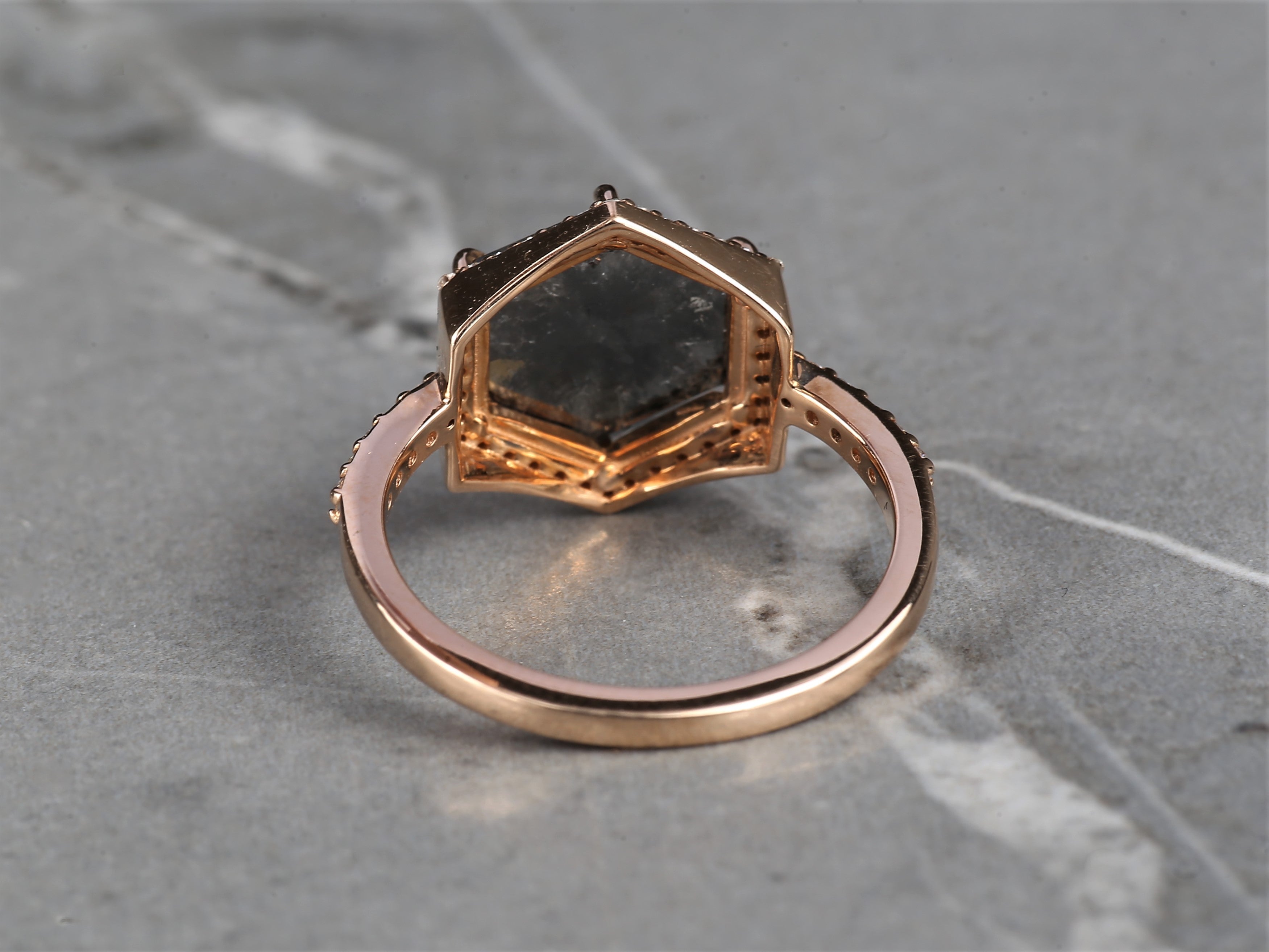 3.04 Ct Salt and Pepper Hexagon Diamond Ring 14K Gold Anniversary Halo Ring, Natural Gray Diamond Ring, Gift for Her