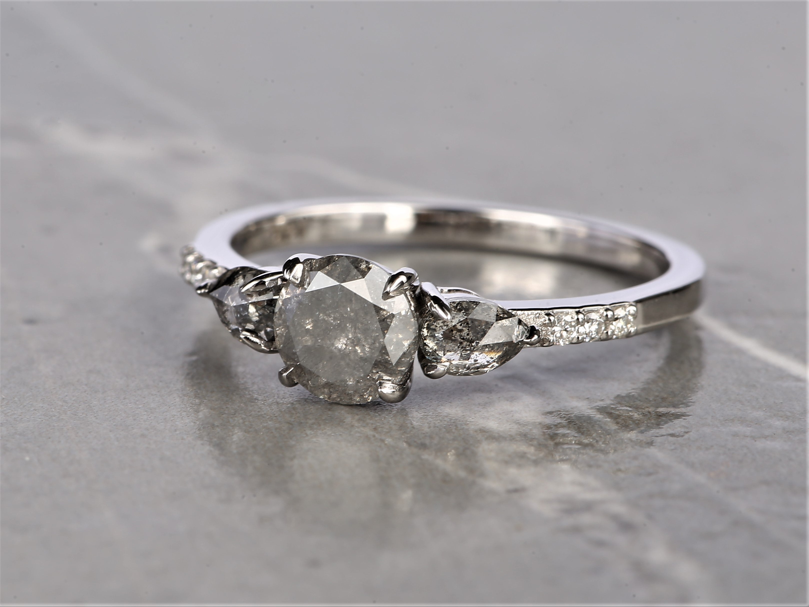 Salt and Pepper Diamond Ring, 14K Gold Engagement Ring, Natural Gray Round Diamond Ring, Gift for Her