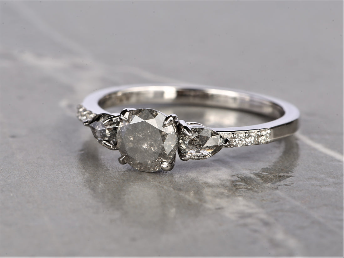 Salt and Pepper Diamond Ring, 14K Gold Engagement Ring, Natural Gray Round Diamond Ring, Gift for Her