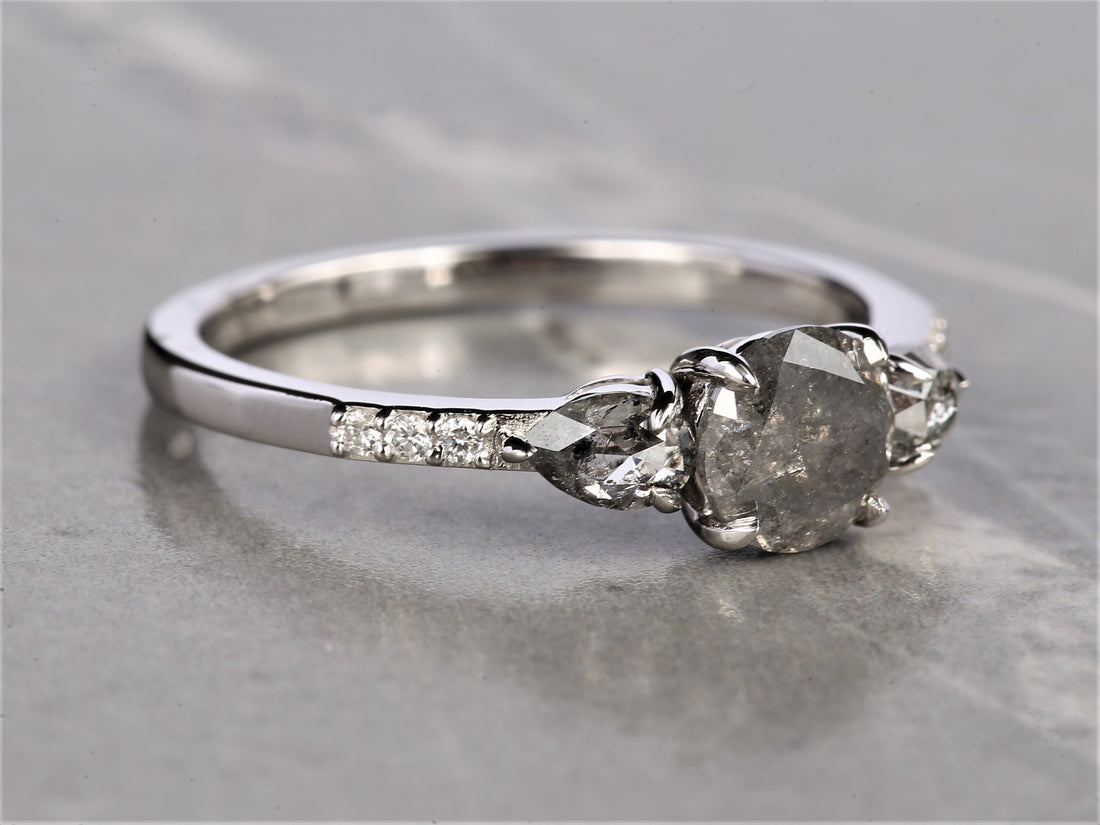 Salt and Pepper Diamond Ring, 14K Gold Engagement Ring, Natural Gray Round Diamond Ring, Gift for Her