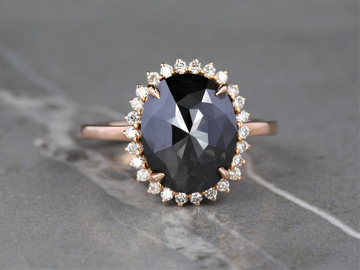 Black Oval Diamond Ring 14K Gold Anniversary Ring, Natural Diamond Halo Ring, Gift for Her