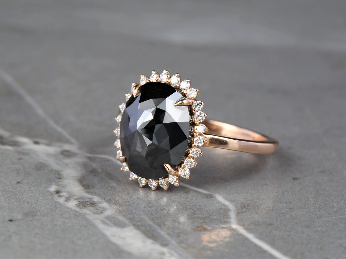 Black Oval Diamond Ring 14K Gold Anniversary Ring, Natural Diamond Halo Ring, Gift for Her