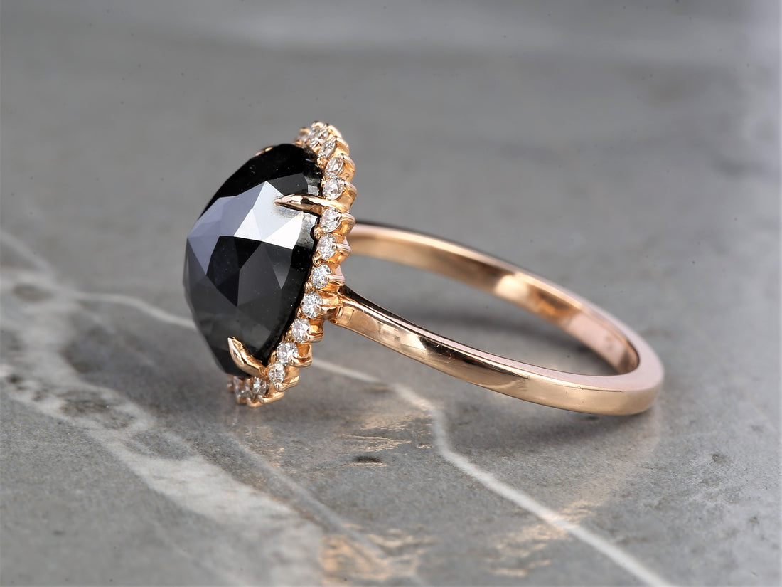 Black Oval Diamond Ring 14K Gold Anniversary Ring, Natural Diamond Halo Ring, Gift for Her