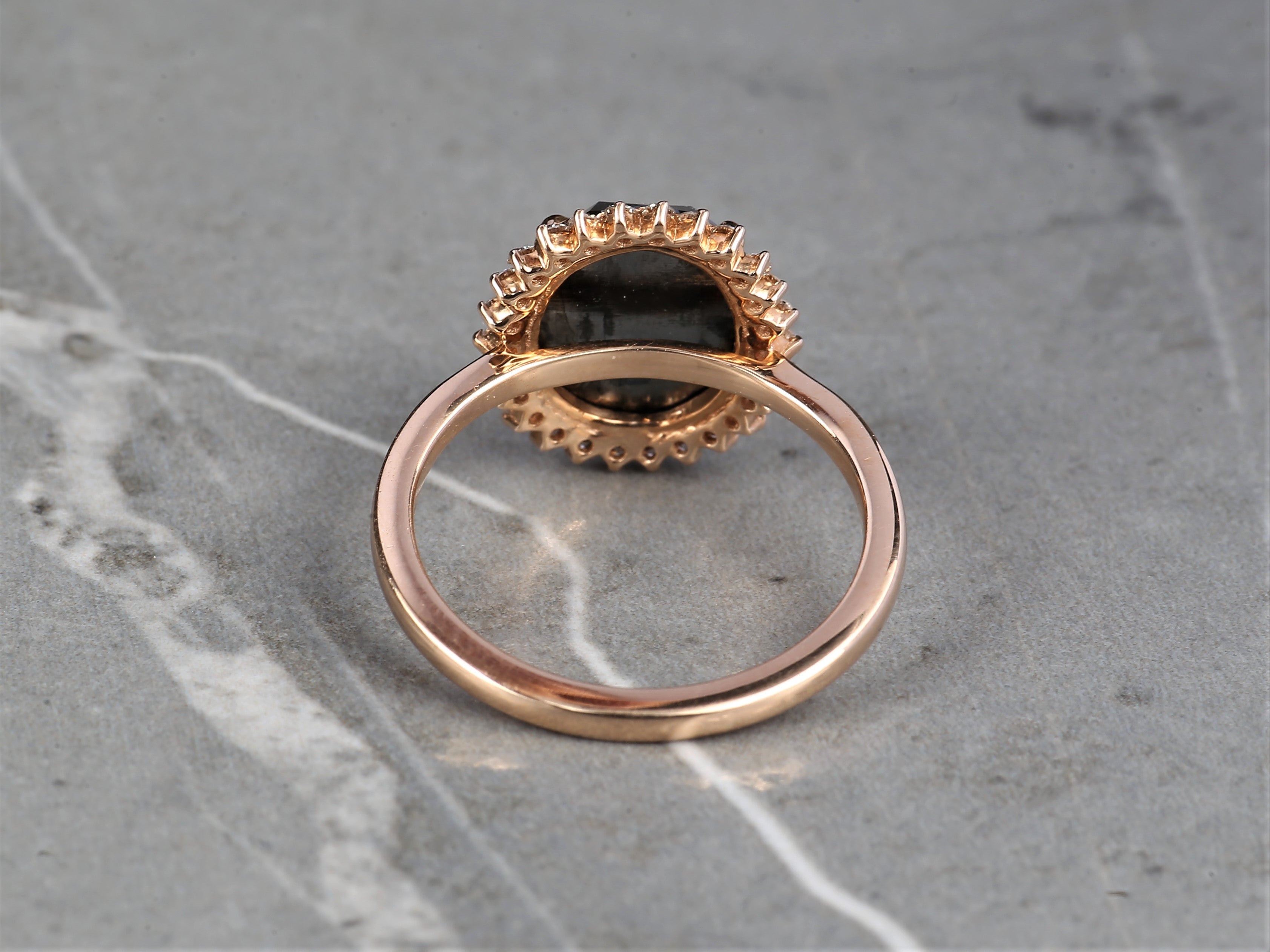 Black Oval Diamond Ring 14K Gold Anniversary Ring, Natural Diamond Halo Ring, Gift for Her