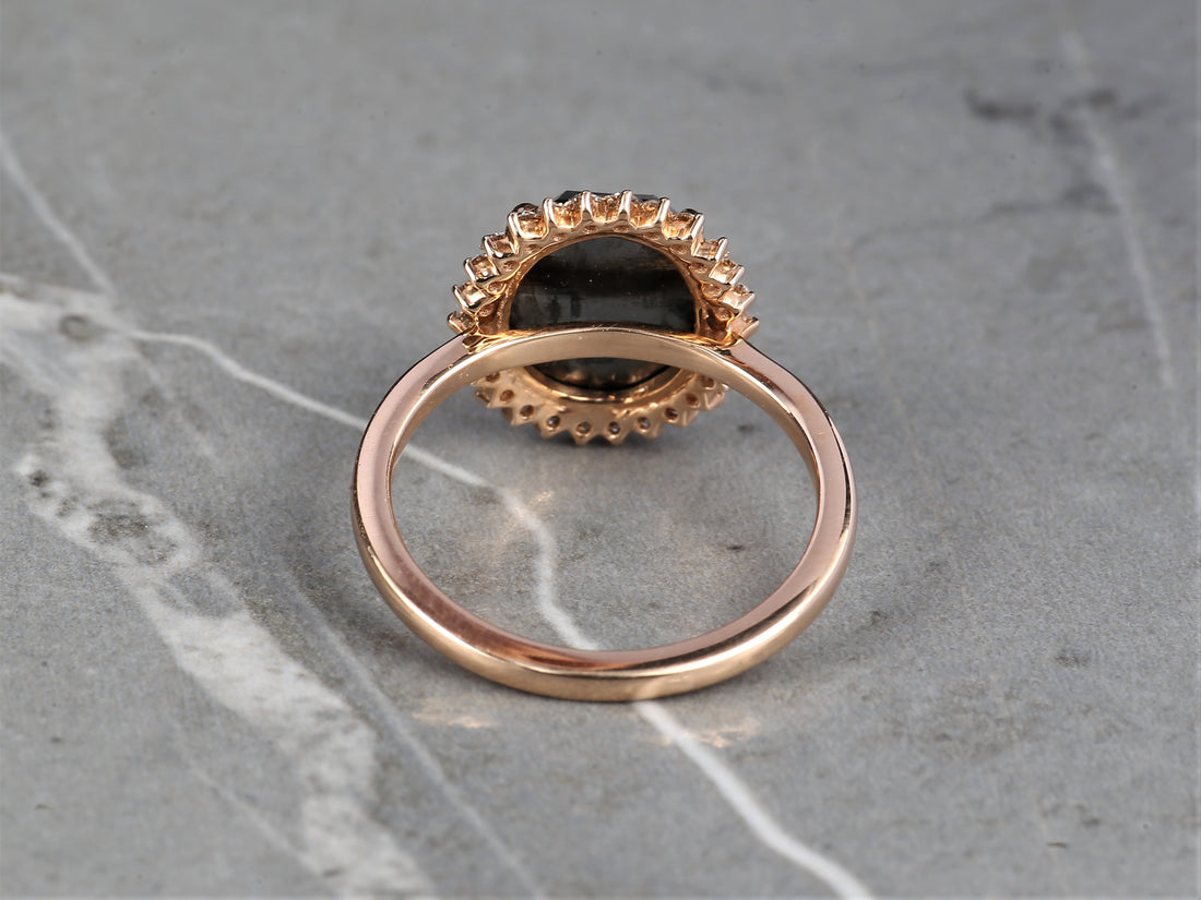 Black Oval Diamond Ring 14K Gold Anniversary Ring, Natural Diamond Halo Ring, Gift for Her