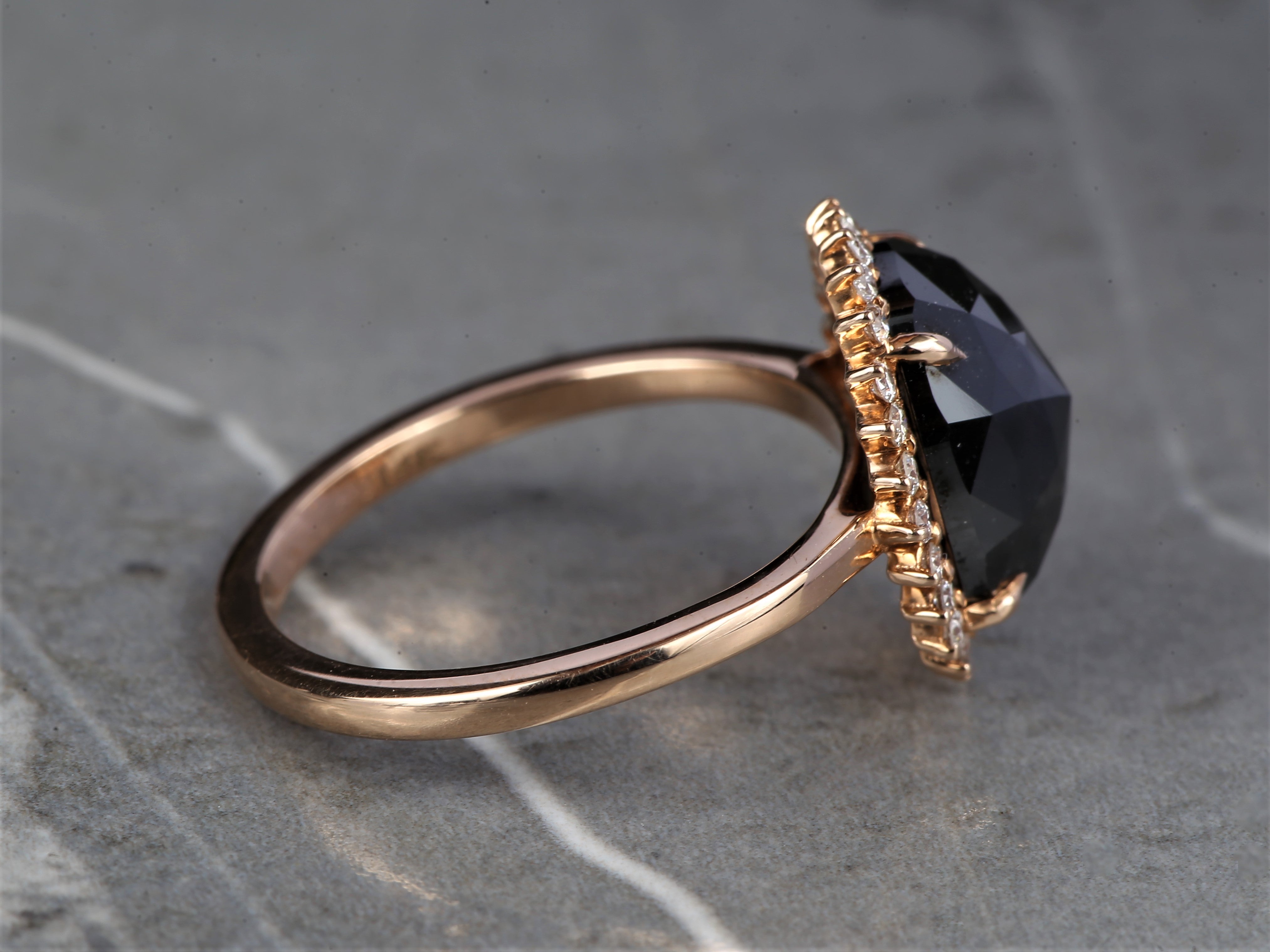 Black Oval Diamond Ring 14K Gold Anniversary Ring, Natural Diamond Halo Ring, Gift for Her