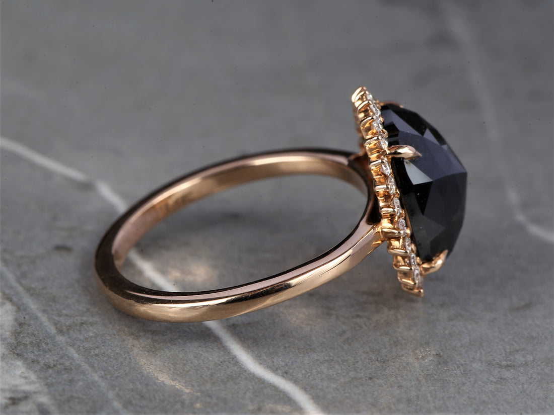 Black Oval Diamond Ring 14K Gold Anniversary Ring, Natural Diamond Halo Ring, Gift for Her