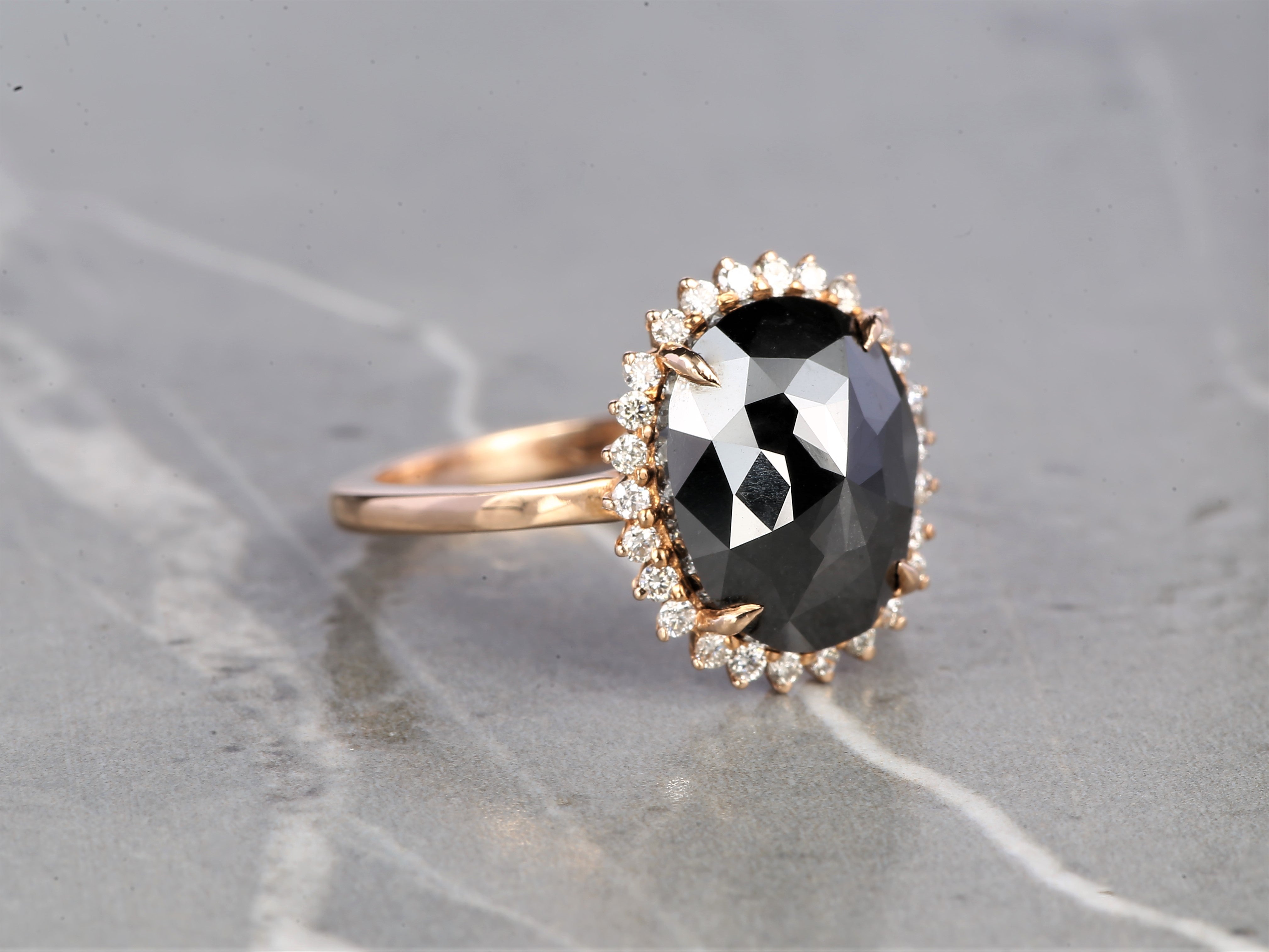 Black Oval Diamond Ring 14K Gold Anniversary Ring, Natural Diamond Halo Ring, Gift for Her