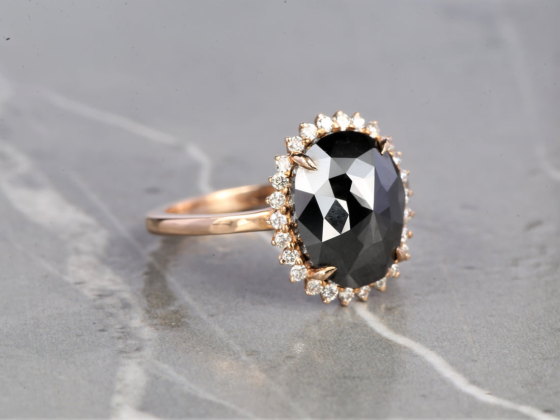 Black Oval Diamond Ring 14K Gold Anniversary Ring, Natural Diamond Halo Ring, Gift for Her