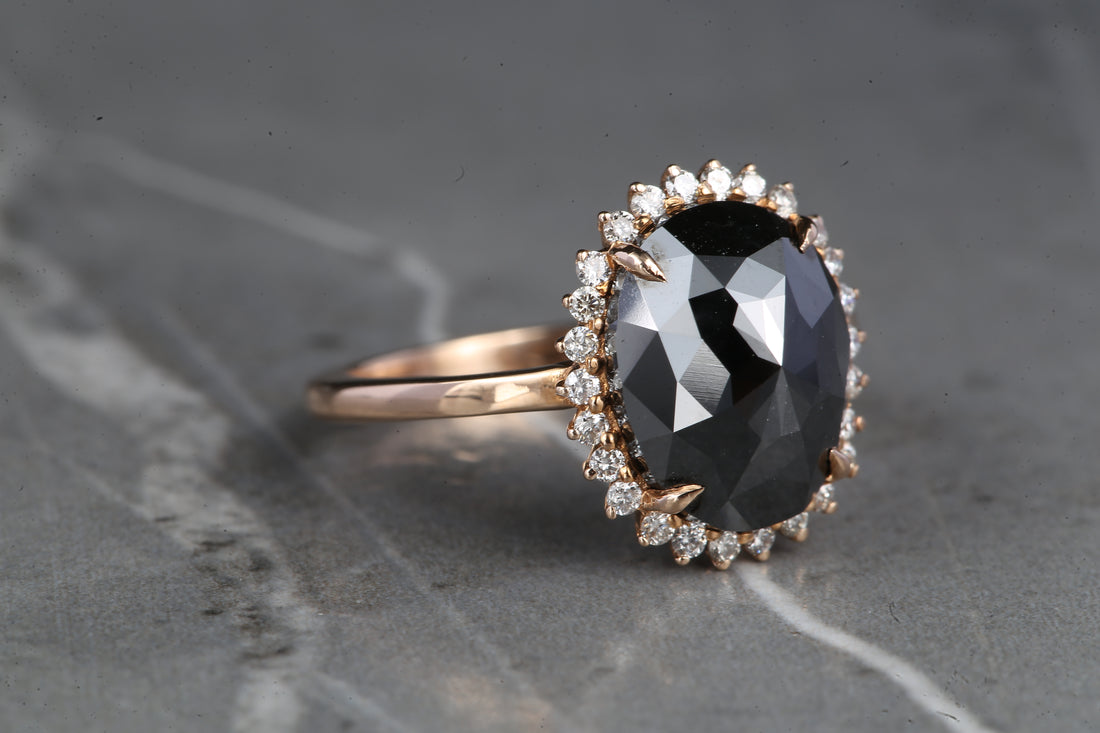Black Oval Diamond Ring 14K Gold Anniversary Ring, Natural Diamond Halo Ring, Gift for Her