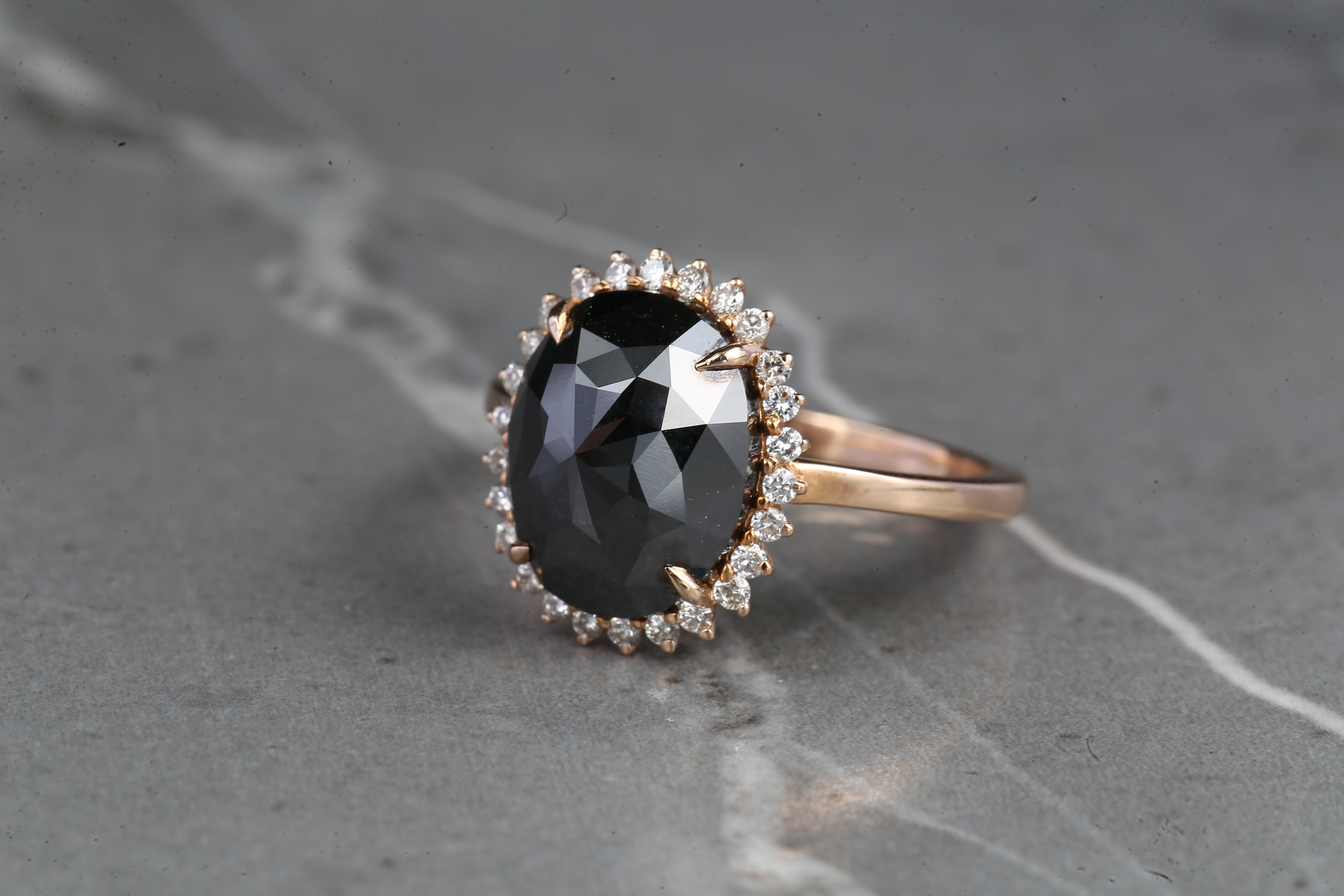 Black Oval Diamond Ring 14K Gold Anniversary Ring, Natural Diamond Halo Ring, Gift for Her