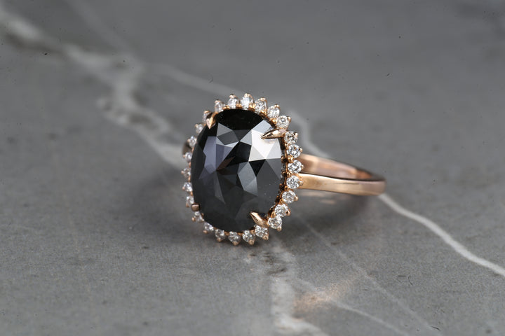 Black Oval Diamond Ring 14K Gold Anniversary Ring, Natural Diamond Halo Ring, Gift for Her