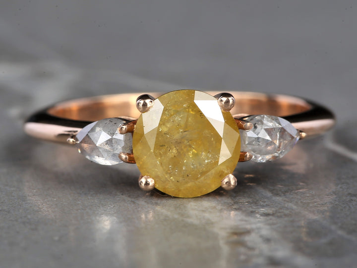 Natural Yellow Diamond Ring 14K Gold Anniversary Ring, Three Stone Diamond Ring, Gift for Her