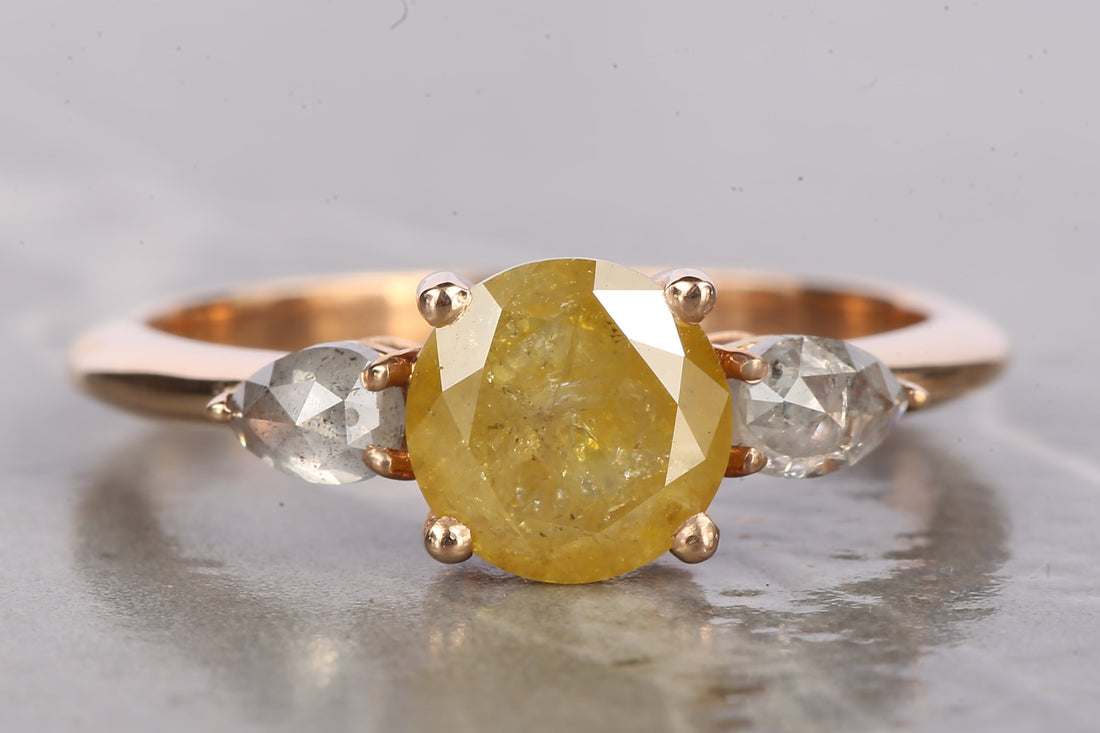 Natural Yellow Diamond Ring 14K Gold Anniversary Ring, Three Stone Diamond Ring, Gift for Her