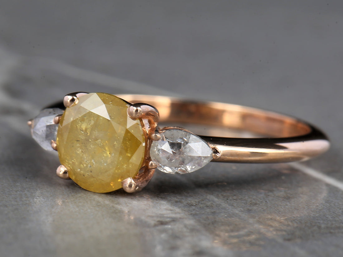 Natural Yellow Diamond Ring 14K Gold Anniversary Ring, Three Stone Diamond Ring, Gift for Her