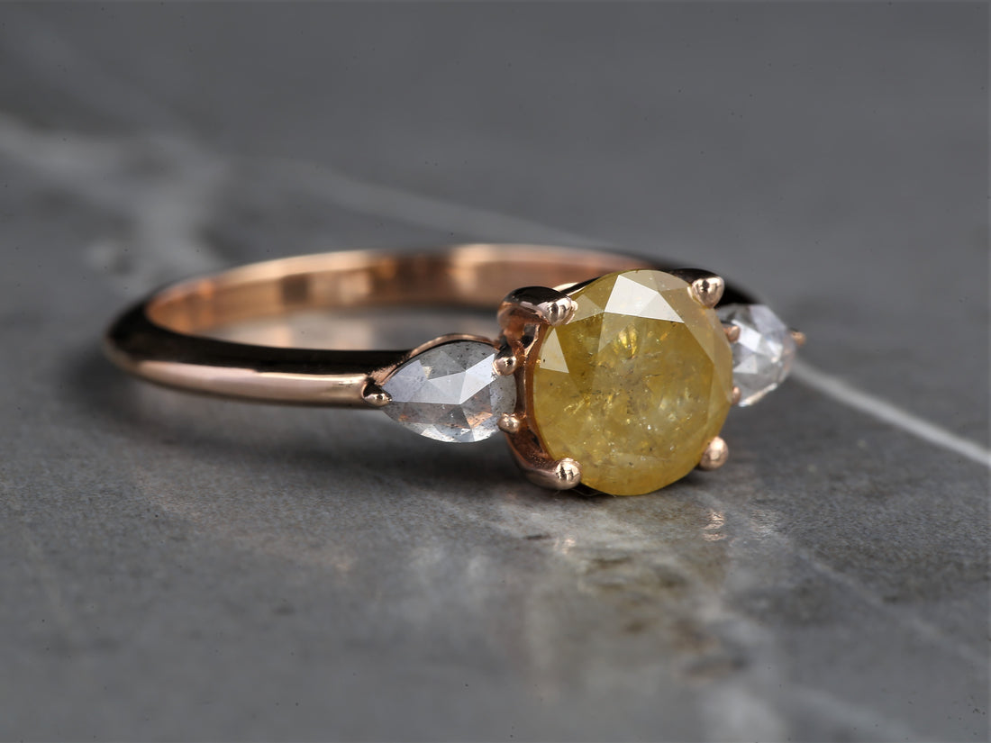 Natural Yellow Diamond Ring 14K Gold Anniversary Ring, Three Stone Diamond Ring, Gift for Her