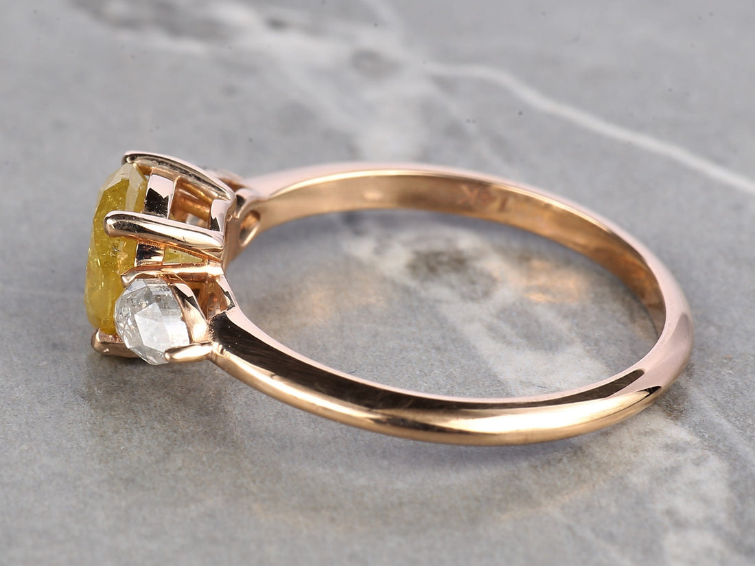 Natural Yellow Diamond Ring 14K Gold Anniversary Ring, Three Stone Diamond Ring, Gift for Her