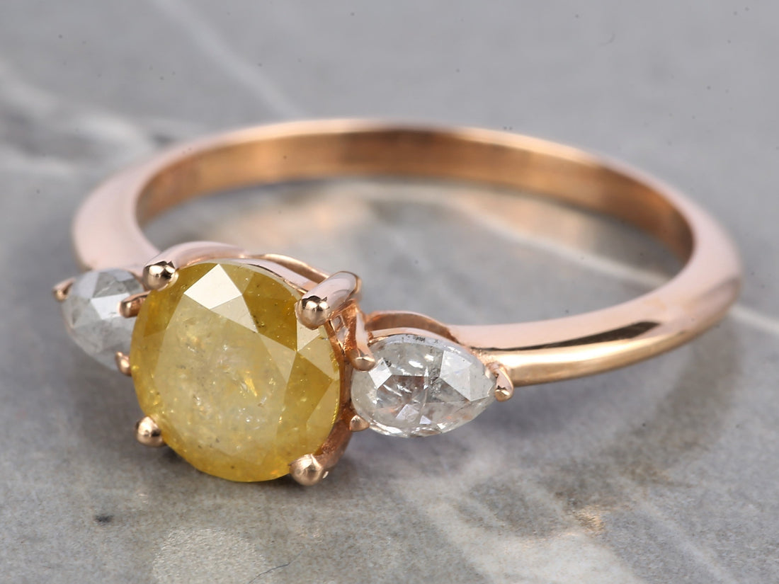 Natural Yellow Diamond Ring 14K Gold Anniversary Ring, Three Stone Diamond Ring, Gift for Her