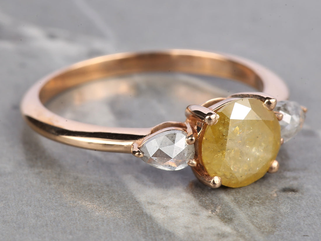 Natural Yellow Diamond Ring 14K Gold Anniversary Ring, Three Stone Diamond Ring, Gift for Her