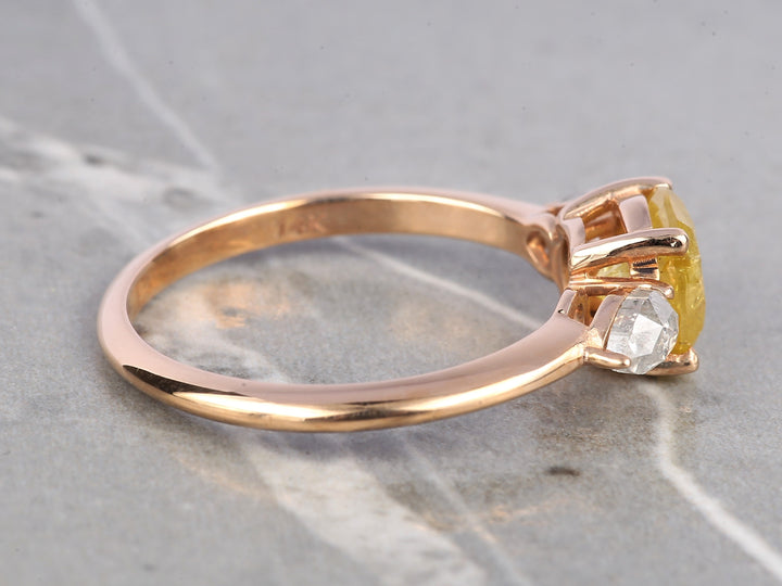 Natural Yellow Diamond Ring 14K Gold Anniversary Ring, Three Stone Diamond Ring, Gift for Her