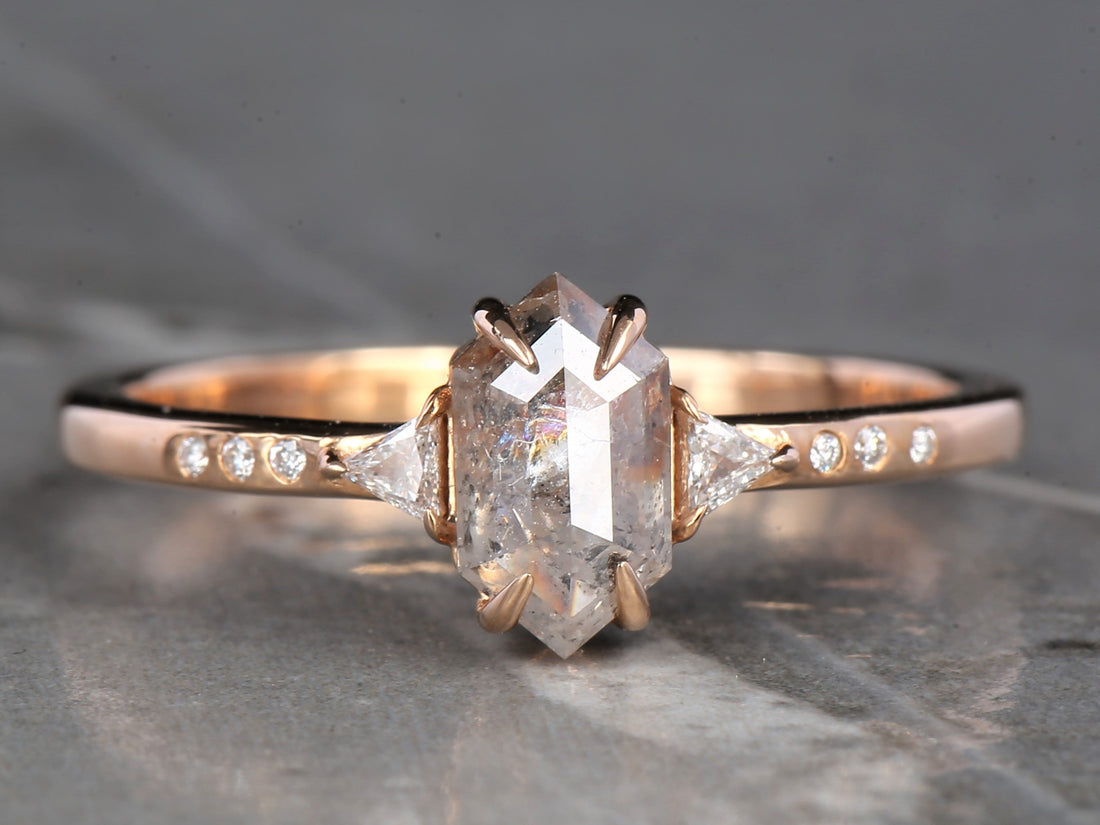 Salt and Pepper Diamond Ring, 14K Gold Engagement Ring, Natural Gray Hexagon Diamond Ring