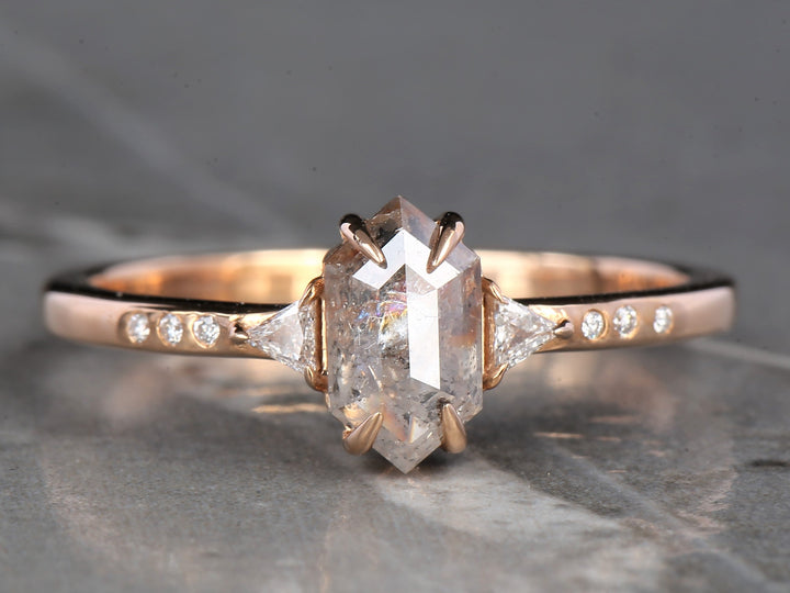 Salt and Pepper Diamond Ring, 14K Gold Engagement Ring, Natural Gray Hexagon Diamond Ring