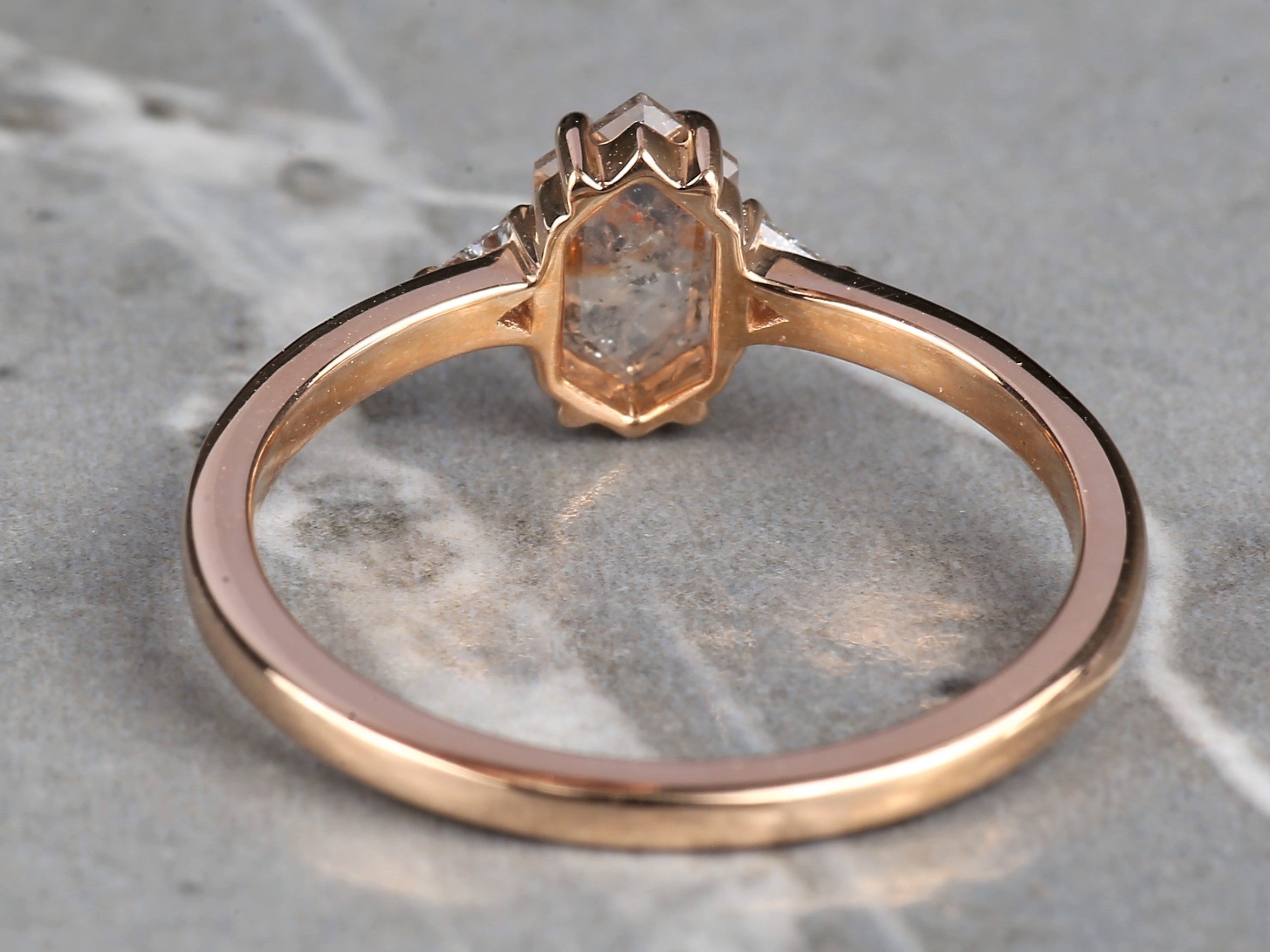 Salt and Pepper Diamond Ring, 14K Gold Engagement Ring, Natural Gray Hexagon Diamond Ring