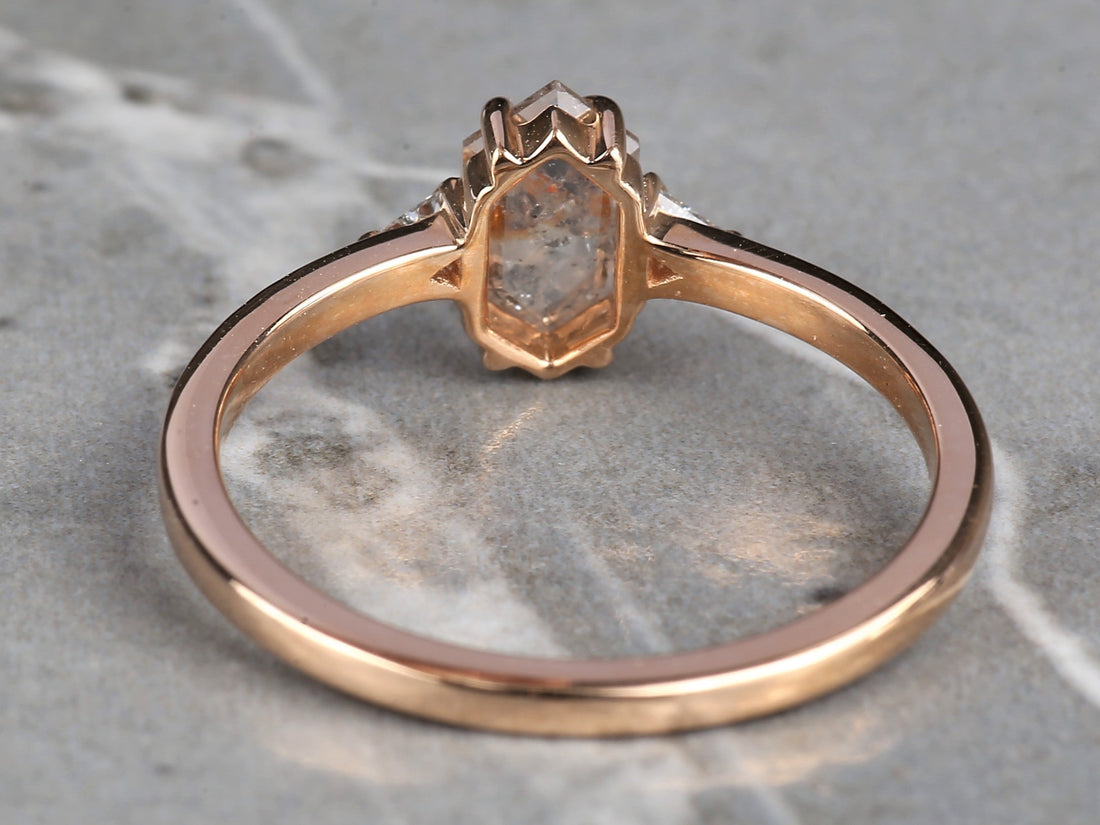 Salt and Pepper Diamond Ring, 14K Gold Engagement Ring, Natural Gray Hexagon Diamond Ring