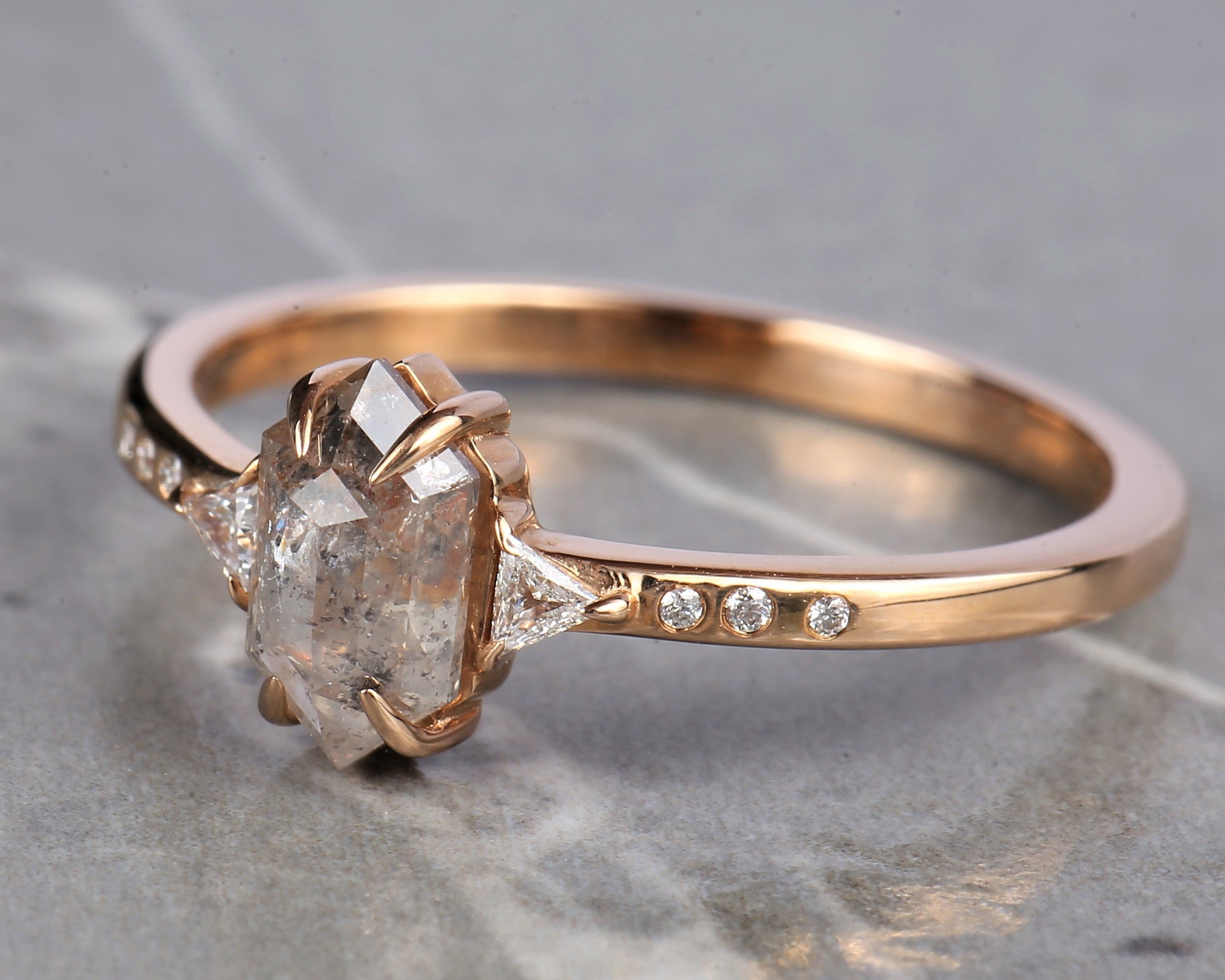 Salt and Pepper Diamond Ring, 14K Gold Engagement Ring, Natural Gray Hexagon Diamond Ring