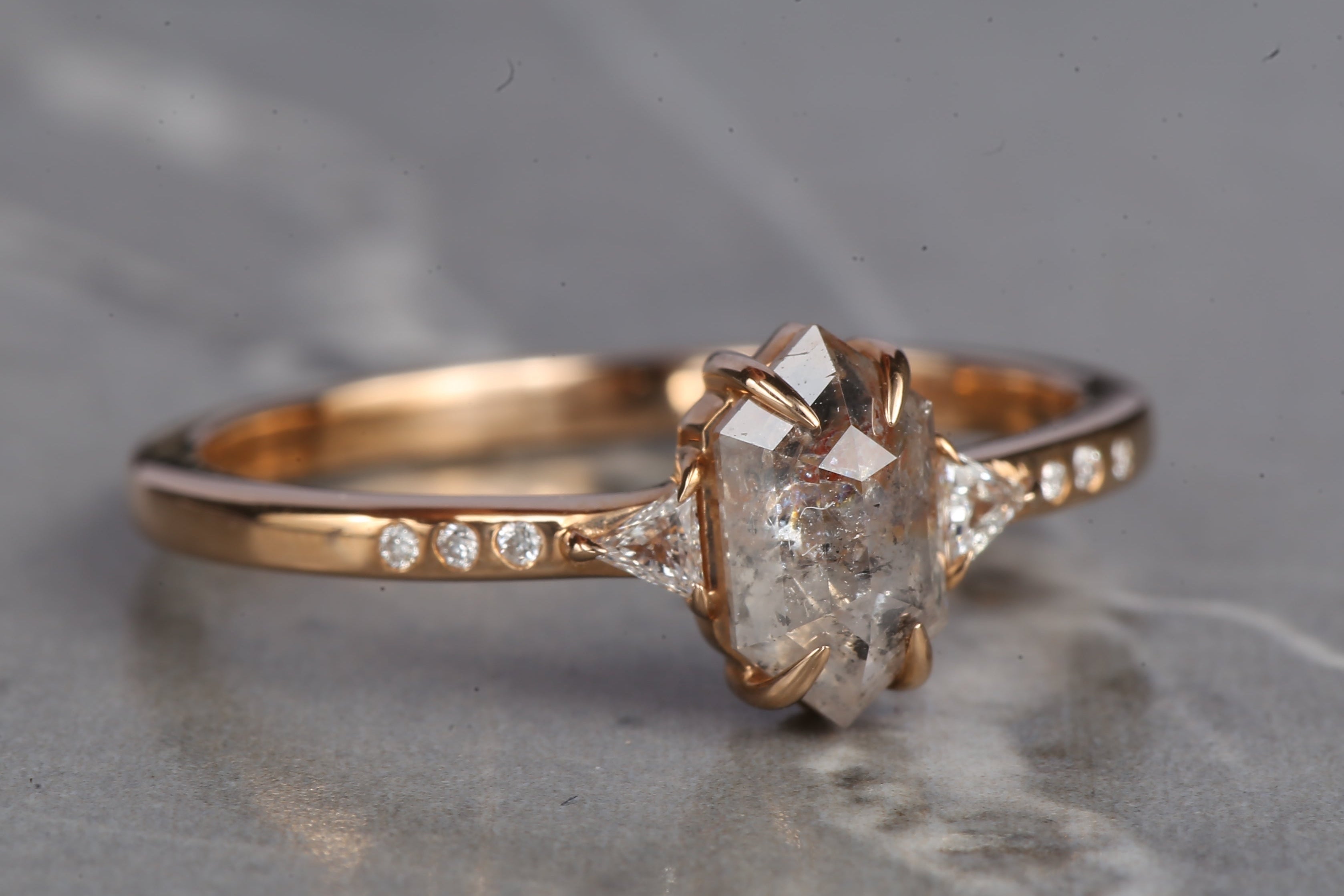 Salt and Pepper Diamond Ring, 14K Gold Engagement Ring, Natural Gray Hexagon Diamond Ring