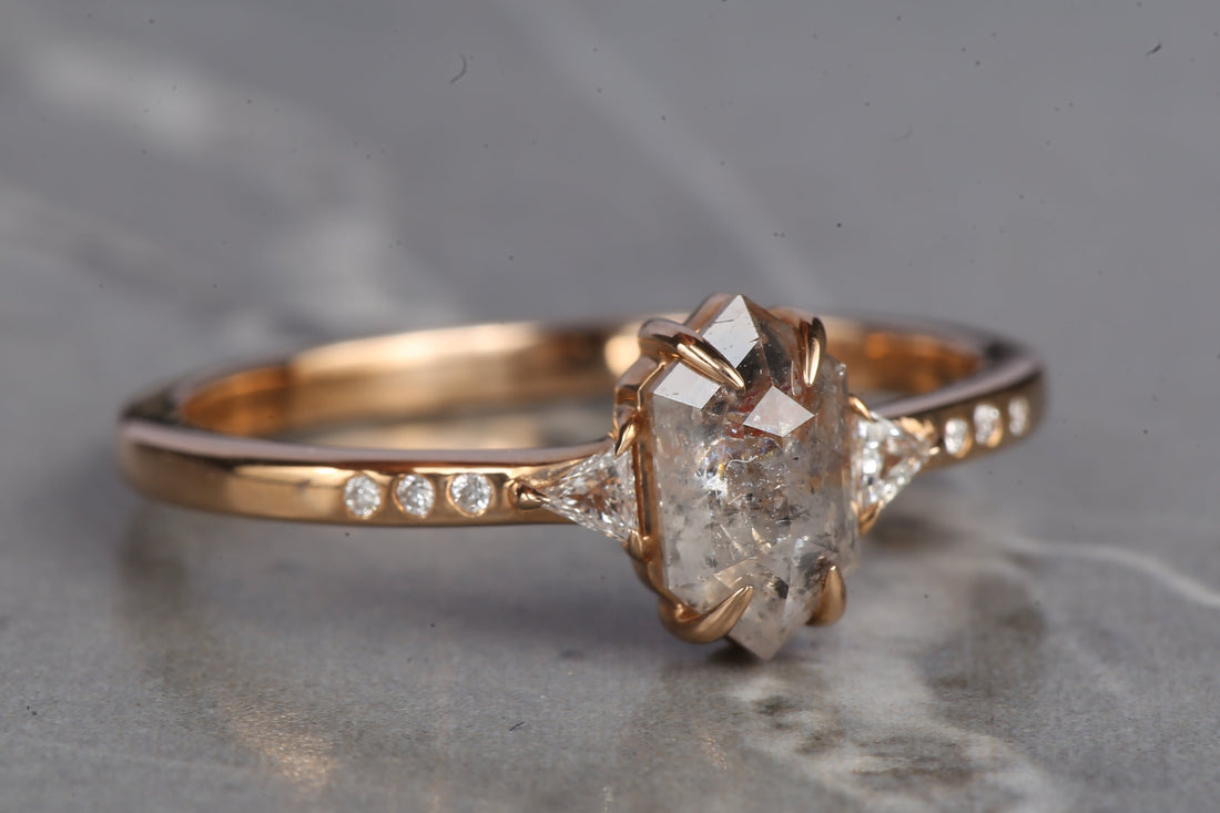 Salt and Pepper Diamond Ring, 14K Gold Engagement Ring, Natural Gray Hexagon Diamond Ring