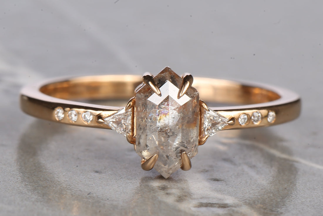 Salt and Pepper Diamond Ring, 14K Gold Engagement Ring, Natural Gray Hexagon Diamond Ring