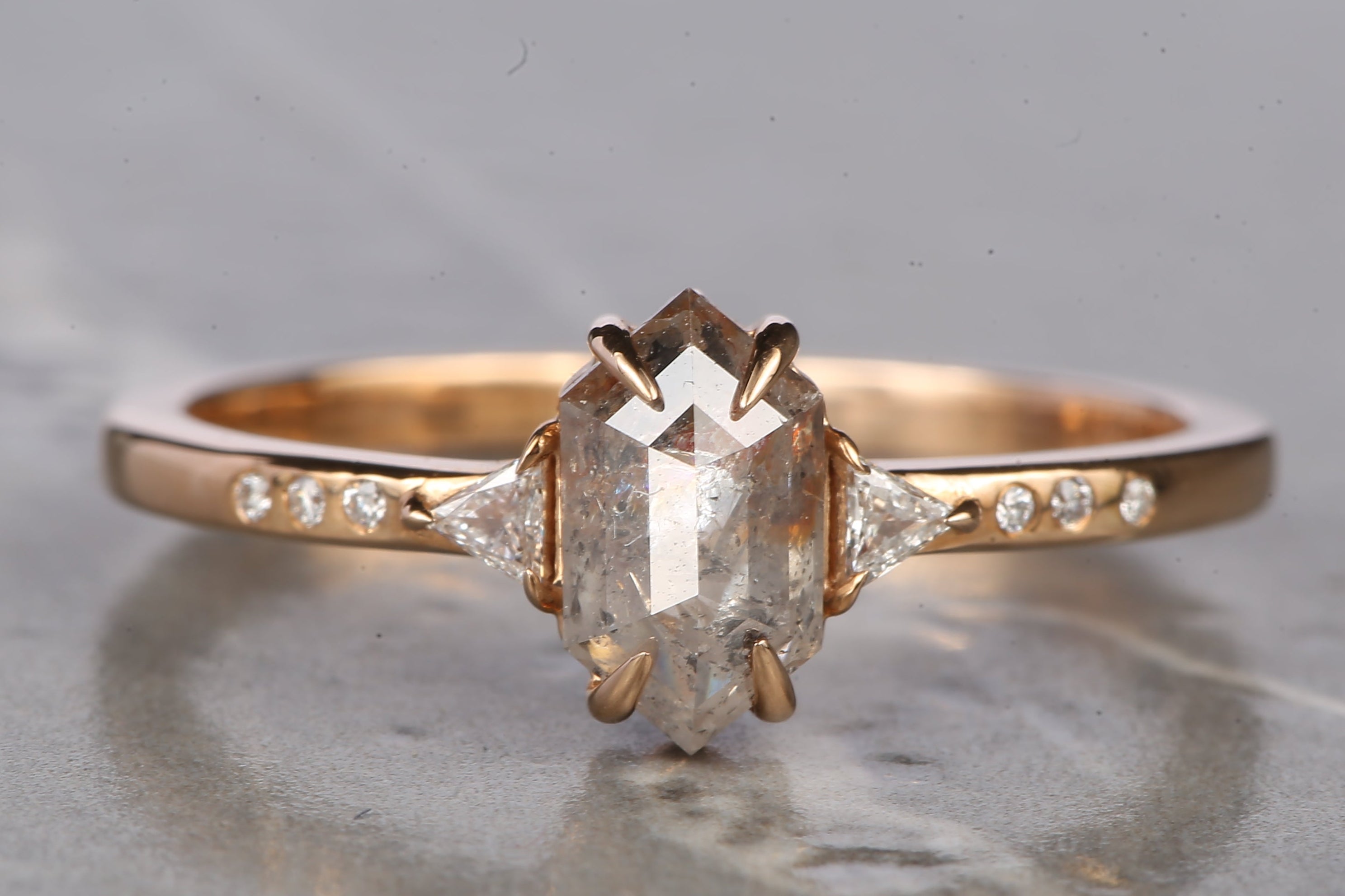 Salt and Pepper Diamond Ring, 14K Gold Engagement Ring, Natural Gray Hexagon Diamond Ring