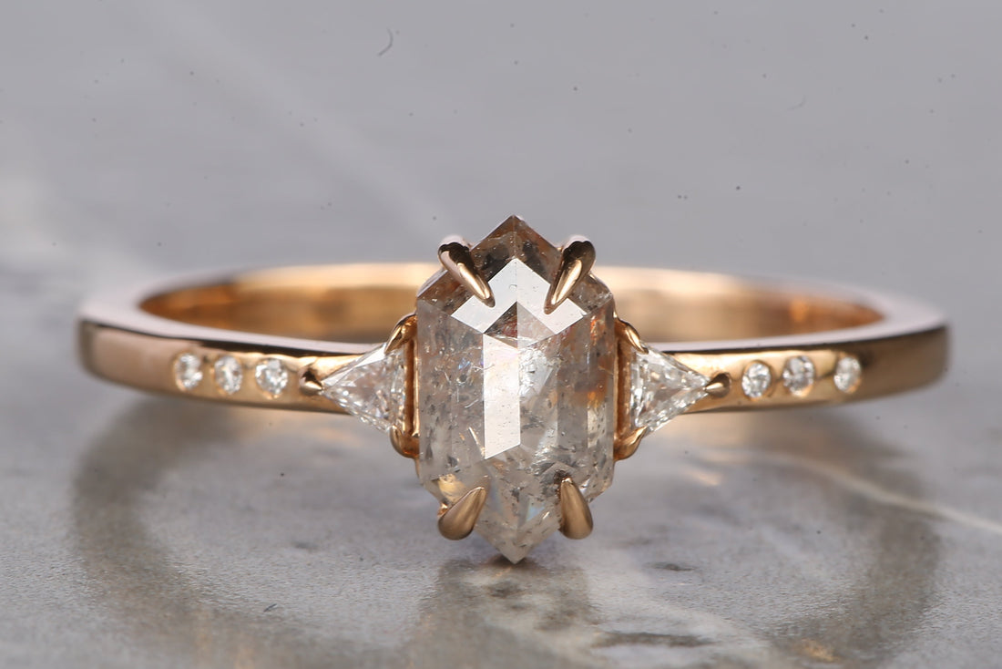 Salt and Pepper Diamond Ring, 14K Gold Engagement Ring, Natural Gray Hexagon Diamond Ring
