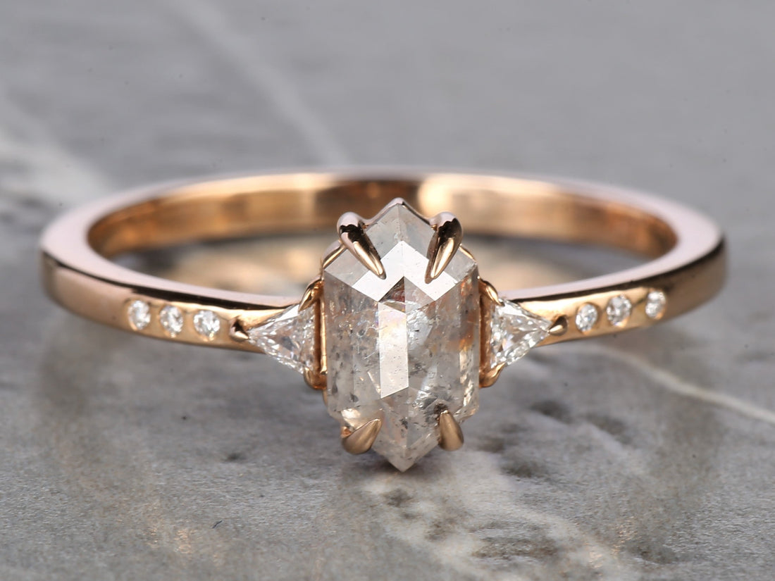 Salt and Pepper Diamond Ring, 14K Gold Engagement Ring, Natural Gray Hexagon Diamond Ring