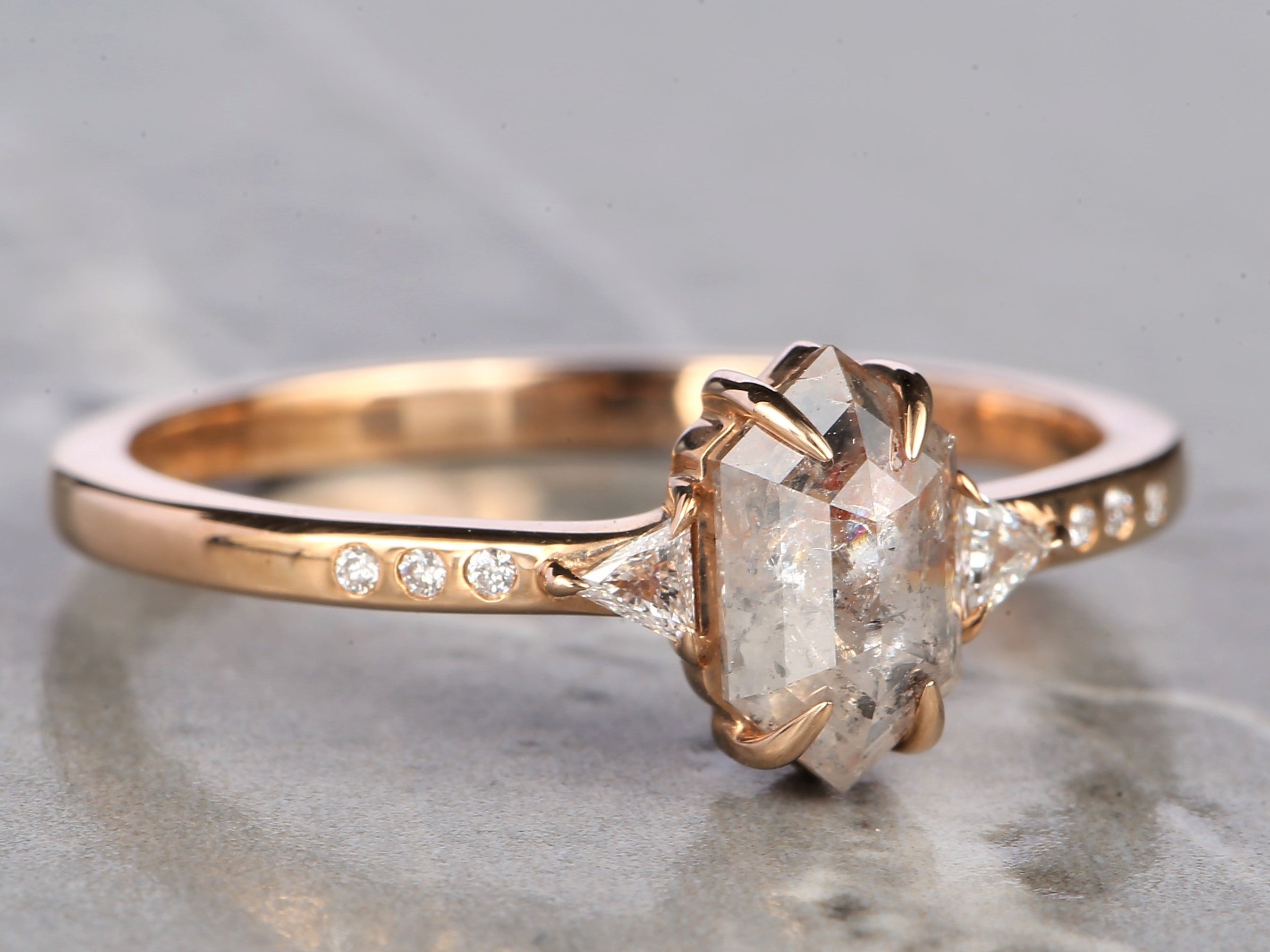 Salt and Pepper Diamond Ring, 14K Gold Engagement Ring, Natural Gray Hexagon Diamond Ring