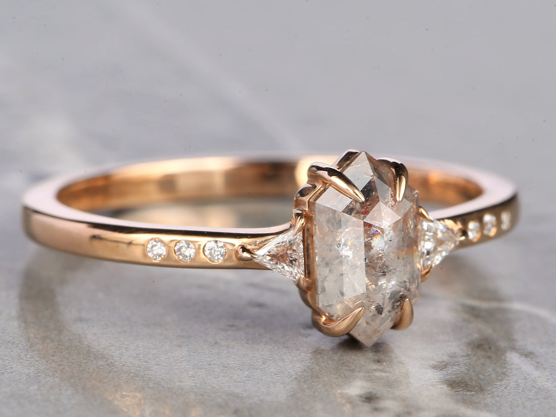 Salt and Pepper Diamond Ring, 14K Gold Engagement Ring, Natural Gray Hexagon Diamond Ring