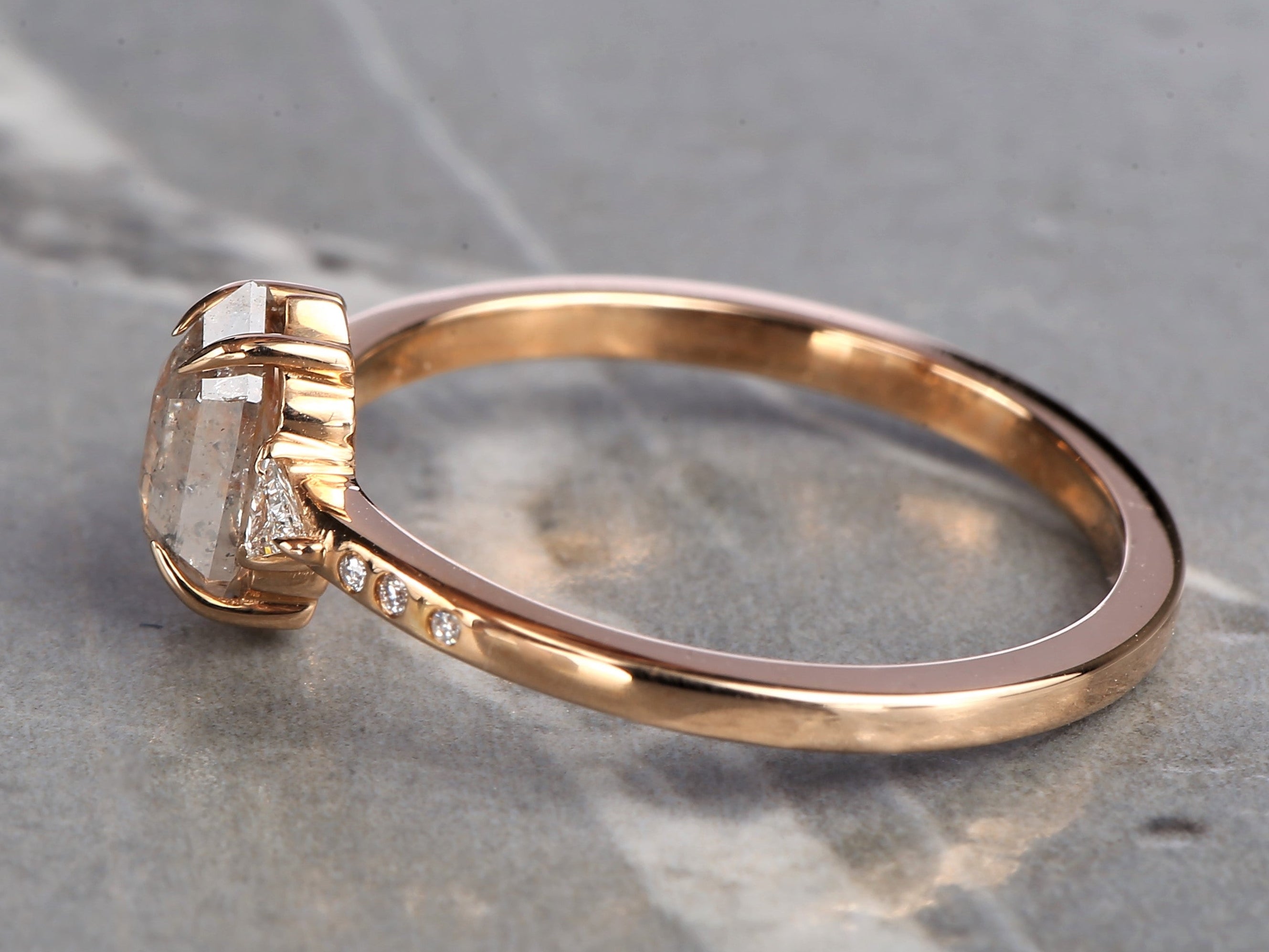Salt and Pepper Diamond Ring, 14K Gold Engagement Ring, Natural Gray Hexagon Diamond Ring