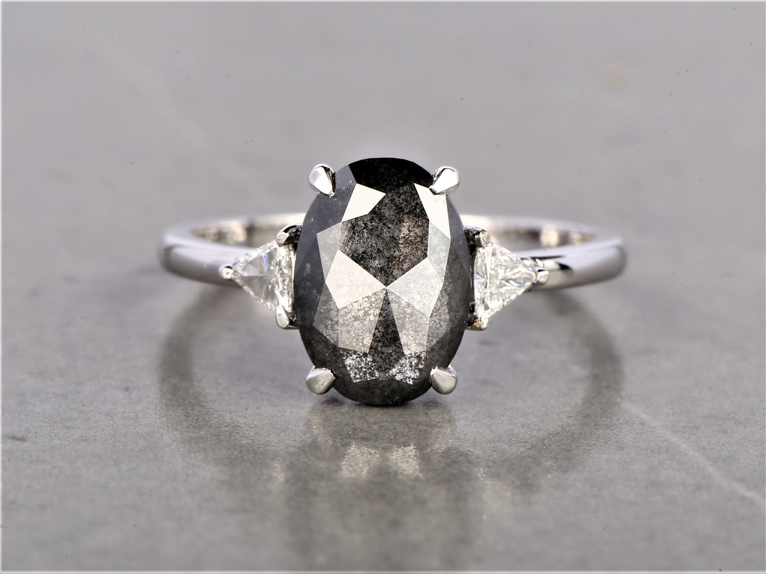 2.46 Ct Salt and Pepper Oval Diamond Ring 14K Gold Anniversary Ring, Natural Gray Diamond Ring, Gift for Her