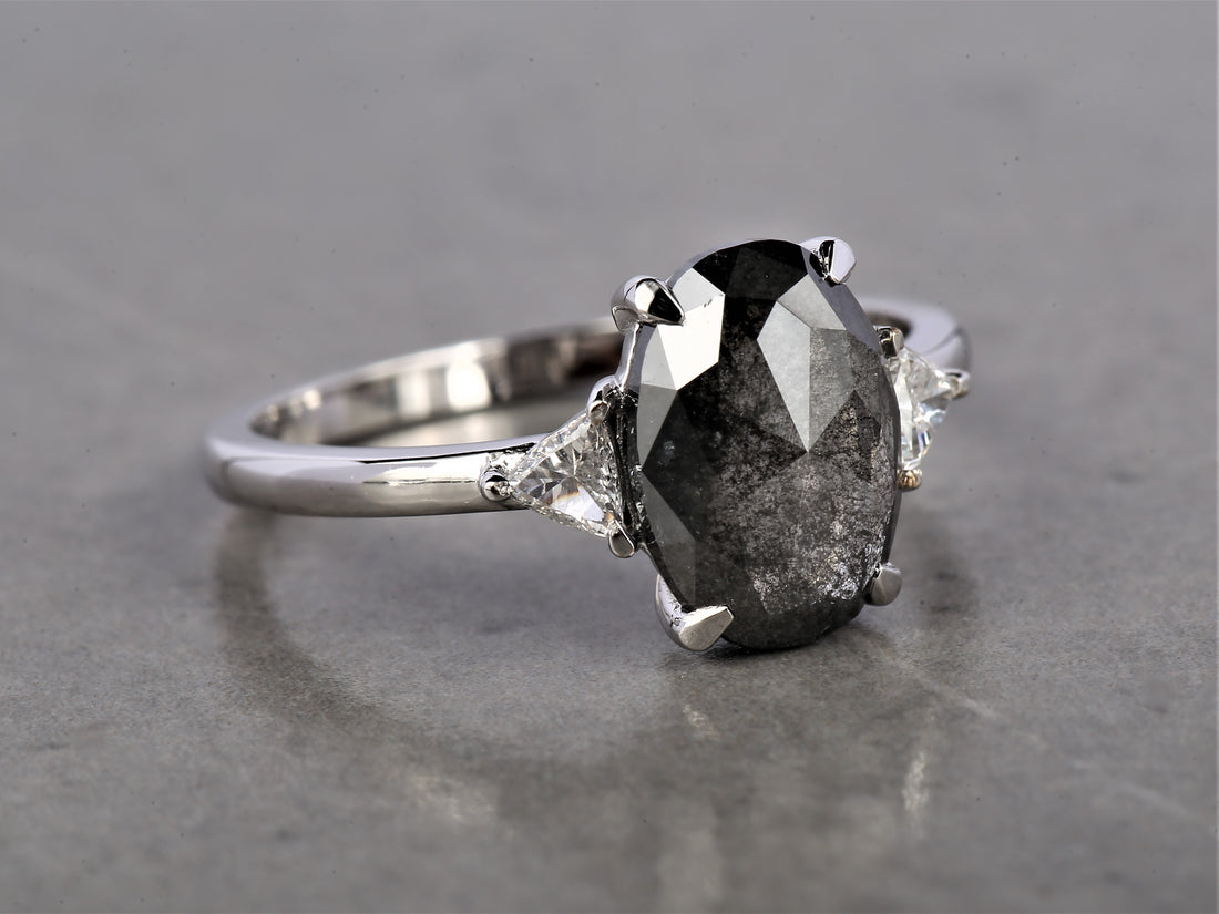 2.46 Ct Salt and Pepper Oval Diamond Ring 14K Gold Anniversary Ring, Natural Gray Diamond Ring, Gift for Her