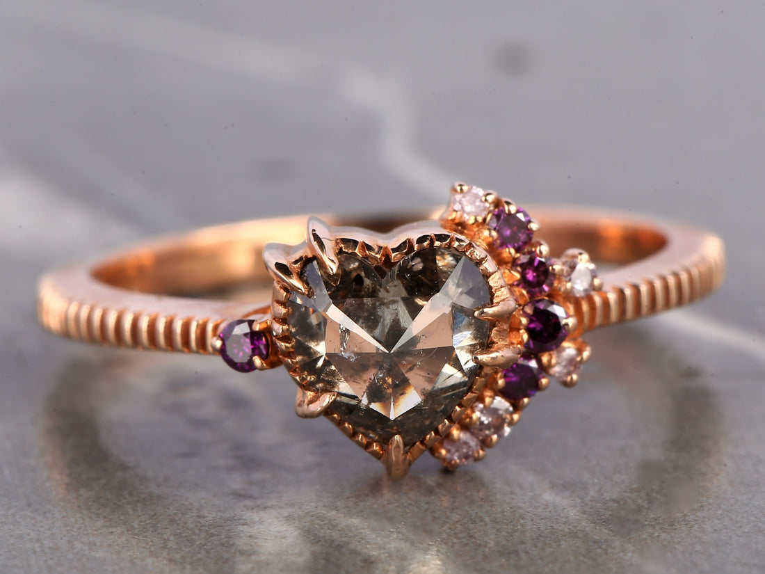 Pink Diamond Ring, 14K Gold Engagement Ring, Natural Brown Heart Diamond Ring, Christmas Gift for Her